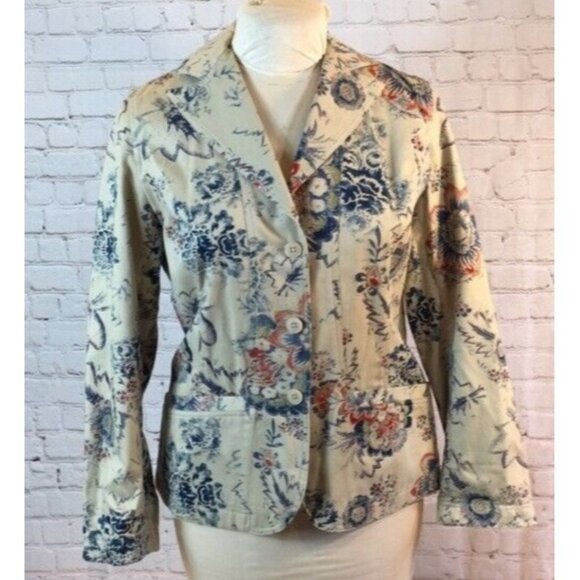 Coldwater Creek Jacket Blazer Tan Floral Cotton Button up Coat Large - Picture 1 of 5